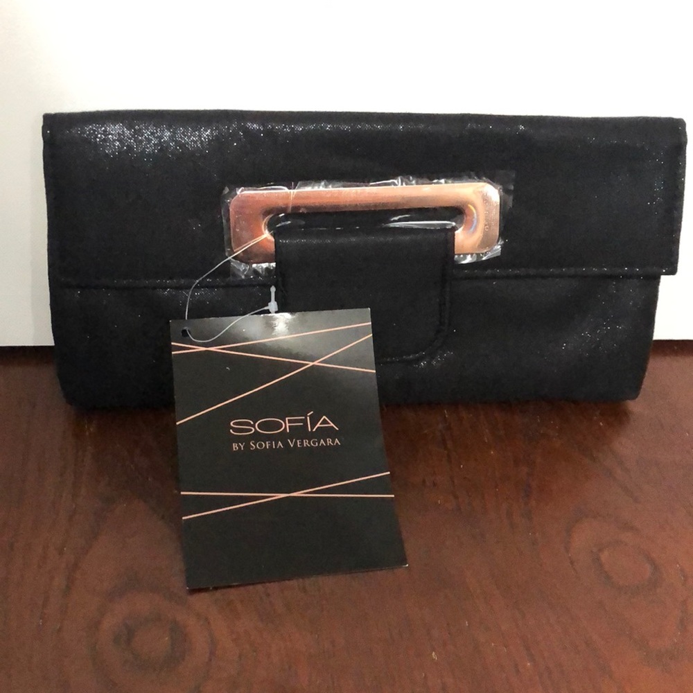 Sofia by Sofia Vergara clutch bag. Black metallic with rose gold accents.